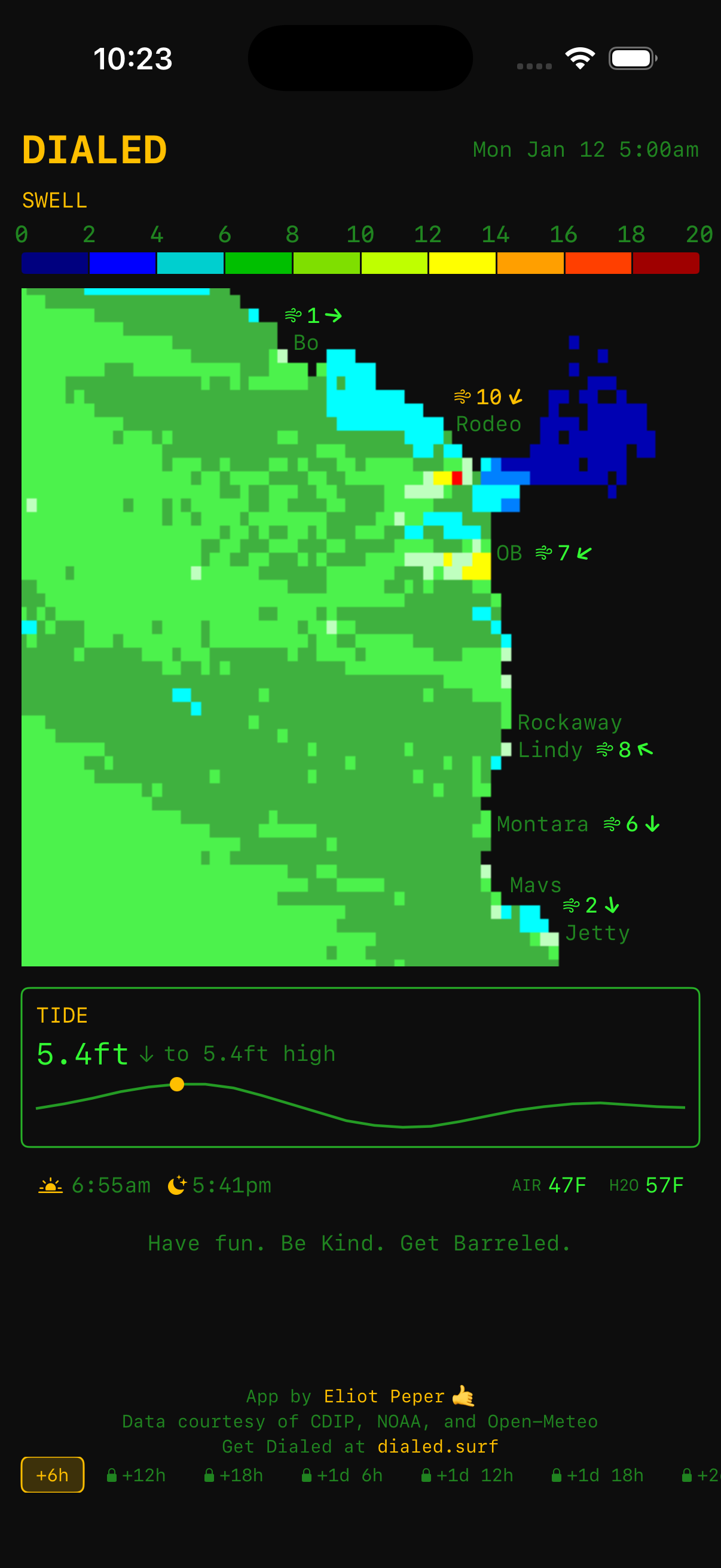 Dialed app screenshot showing swell map and tide chart