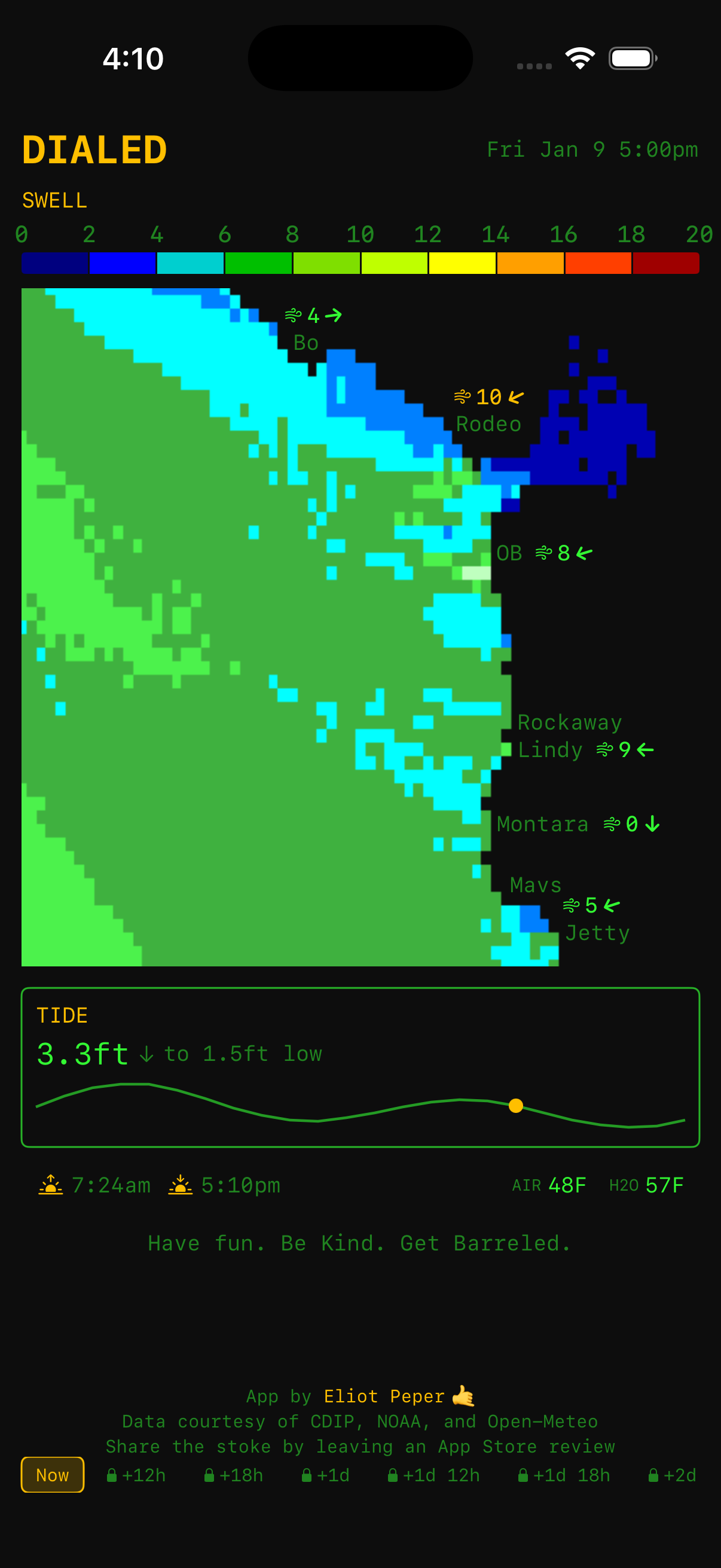 Dialed app screenshot showing swell map and tide chart